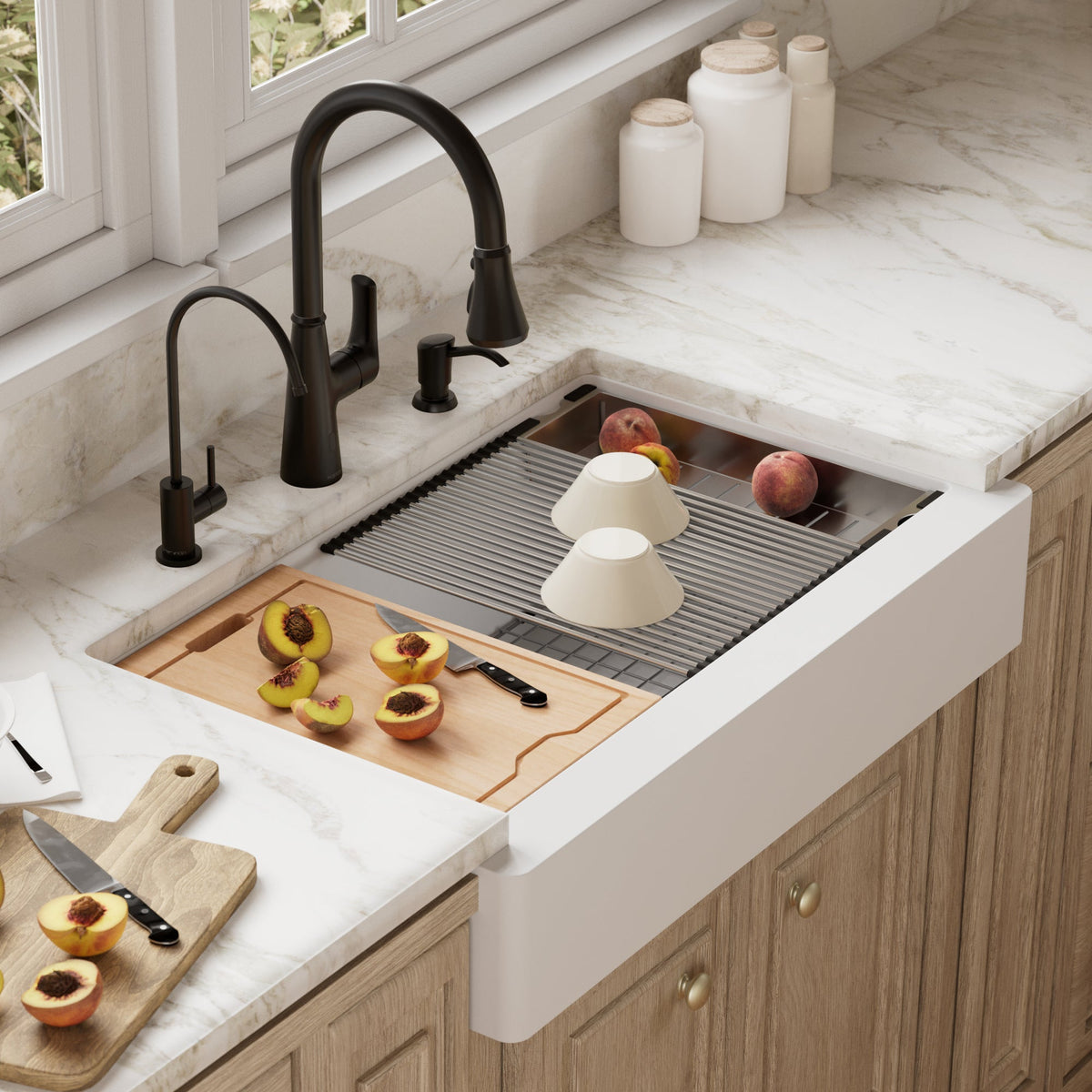 34" Retrofit Farmhouse Large Single Bowl Quartz Composite Workstation Kitchen Sink In White