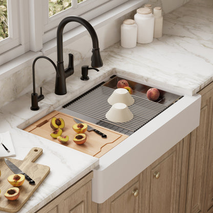 34" Retrofit Farmhouse Large Single Bowl Quartz Composite Workstation Kitchen Sink In White