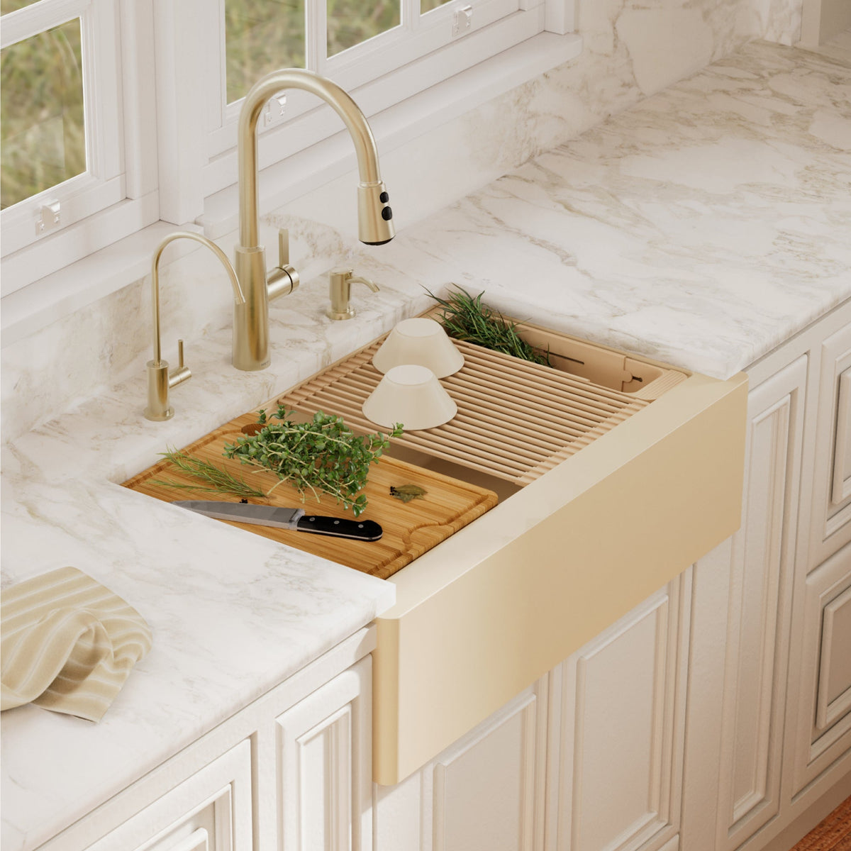 34" Deep Apron Front Single Bowl Quartz Kitchen Sink Kit In Bisque