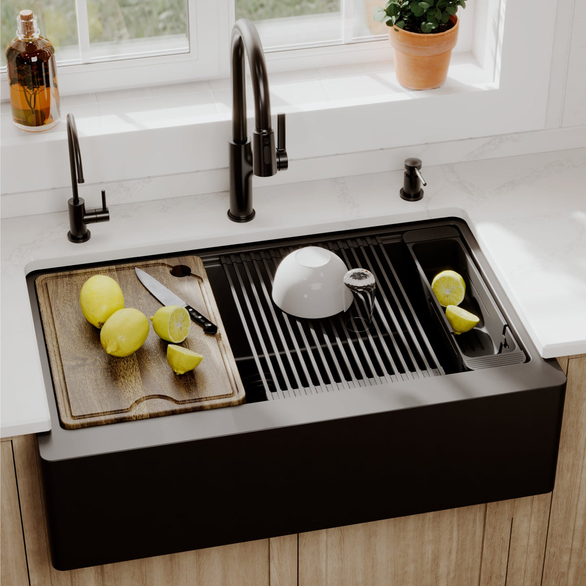 34" Deep Apron Front Single Bowl Quartz Kitchen Sink Kit In Black