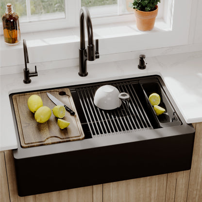 34" Deep Apron Front Single Bowl Quartz Kitchen Sink Kit In Black