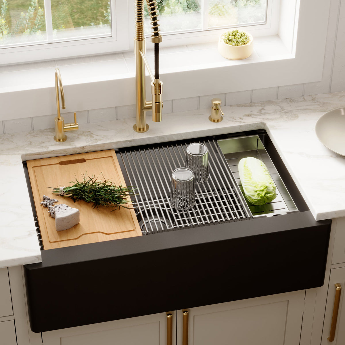 34" Farmhouse Large Single Bowl Quartz Composite Workstation Kitchen Sink In Black
