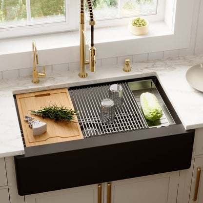 34" Farmhouse Large Single Bowl Quartz Composite Workstation Kitchen Sink In Black