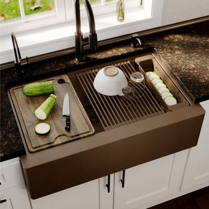 34" Deep Apron Front Single Bowl Quartz Kitchen Sink Kit In Brown