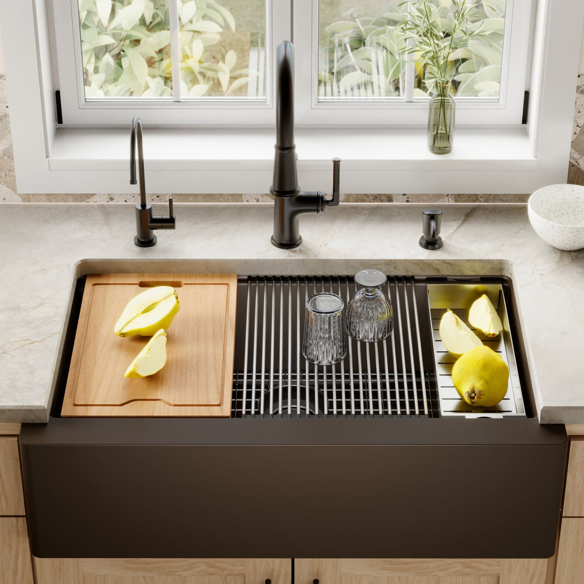 34" Farmhouse Large Single Bowl Quartz Composite Workstation Kitchen Sink In Brown