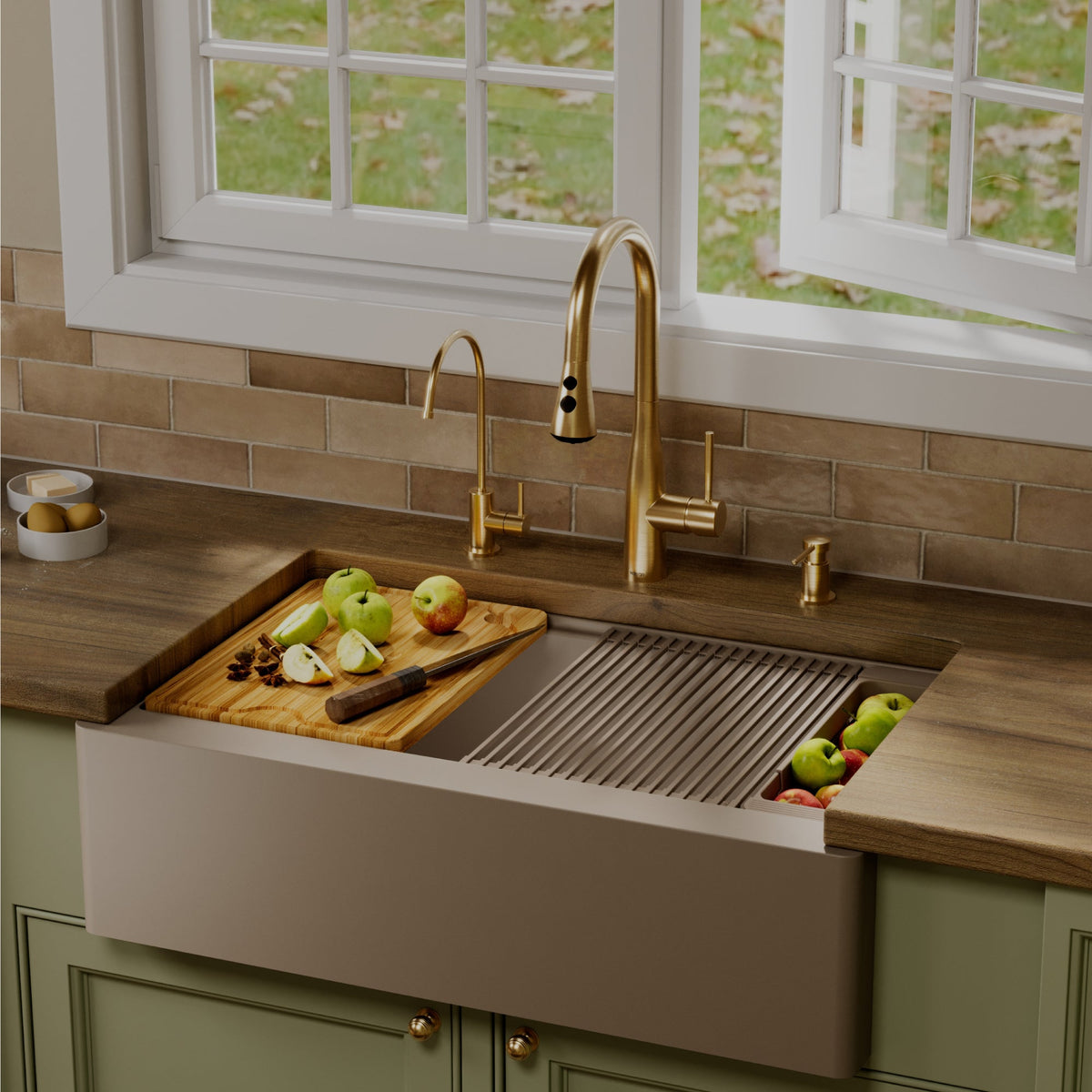34" Deep Apron Front Single Bowl Quartz Kitchen Sink Kit In Concrete