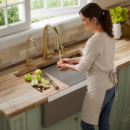34" Farmhouse Large Single Bowl Quartz Composite Workstation Kitchen Sink In Concrete