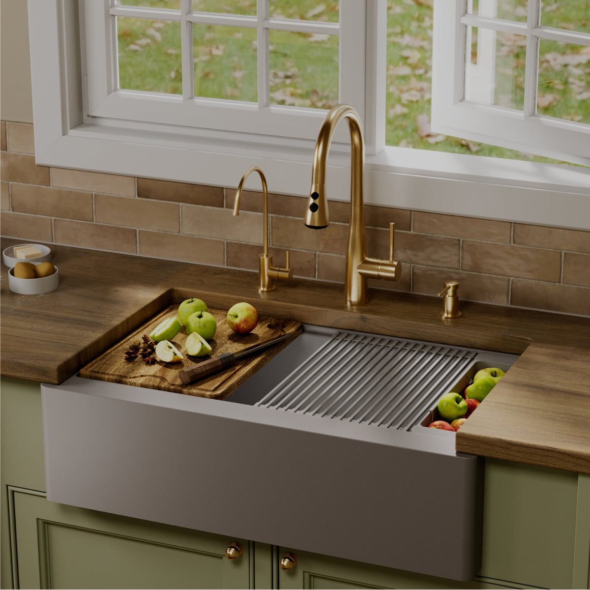 34" Deep Apron Front Single Bowl Quartz Kitchen Sink Kit In Grey