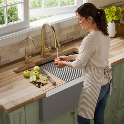 34" Farmhouse Large Single Bowl Quartz Composite Workstation Kitchen Sink In Grey