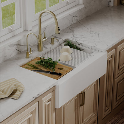 34" Deep Apron Front Single Bowl Quartz Kitchen Sink Kit In White