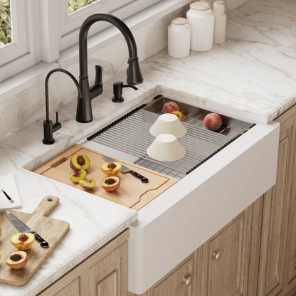 34" Farmhouse Large Single Bowl Quartz Composite Workstation Kitchen Sink In White