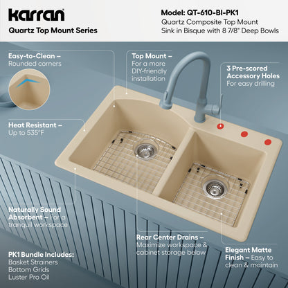 33" Top Mount Double Offset Bowl Quartz Composite Kitchen Sink Kit In Bisque