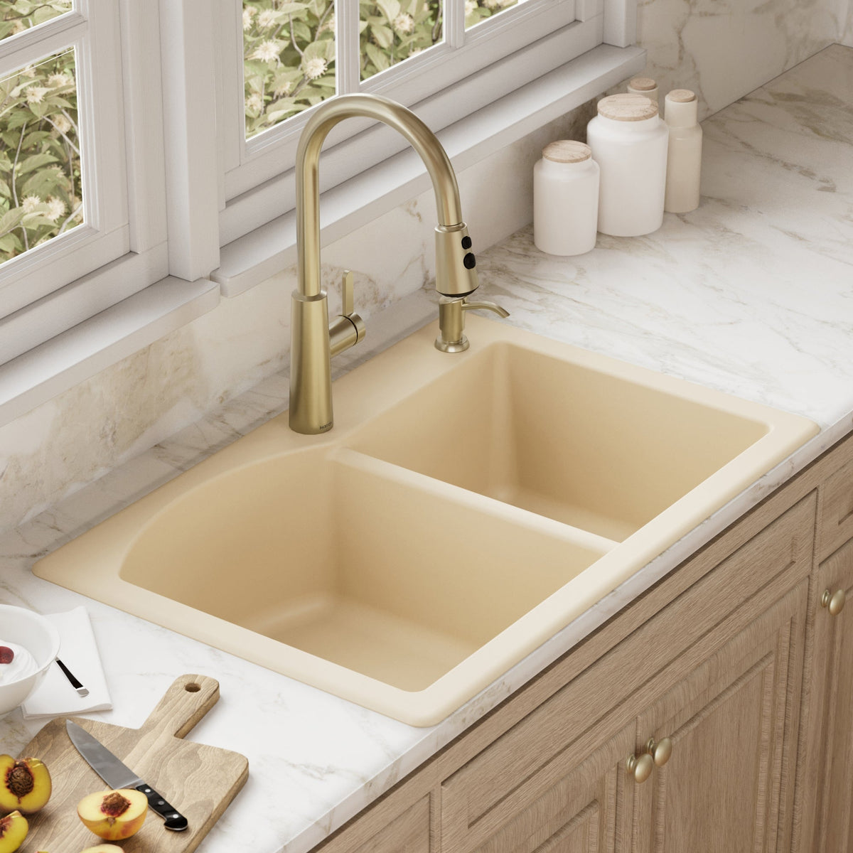 33" Top Mount Double Offset Bowl Quartz Composite Kitchen Sink In Bisque
