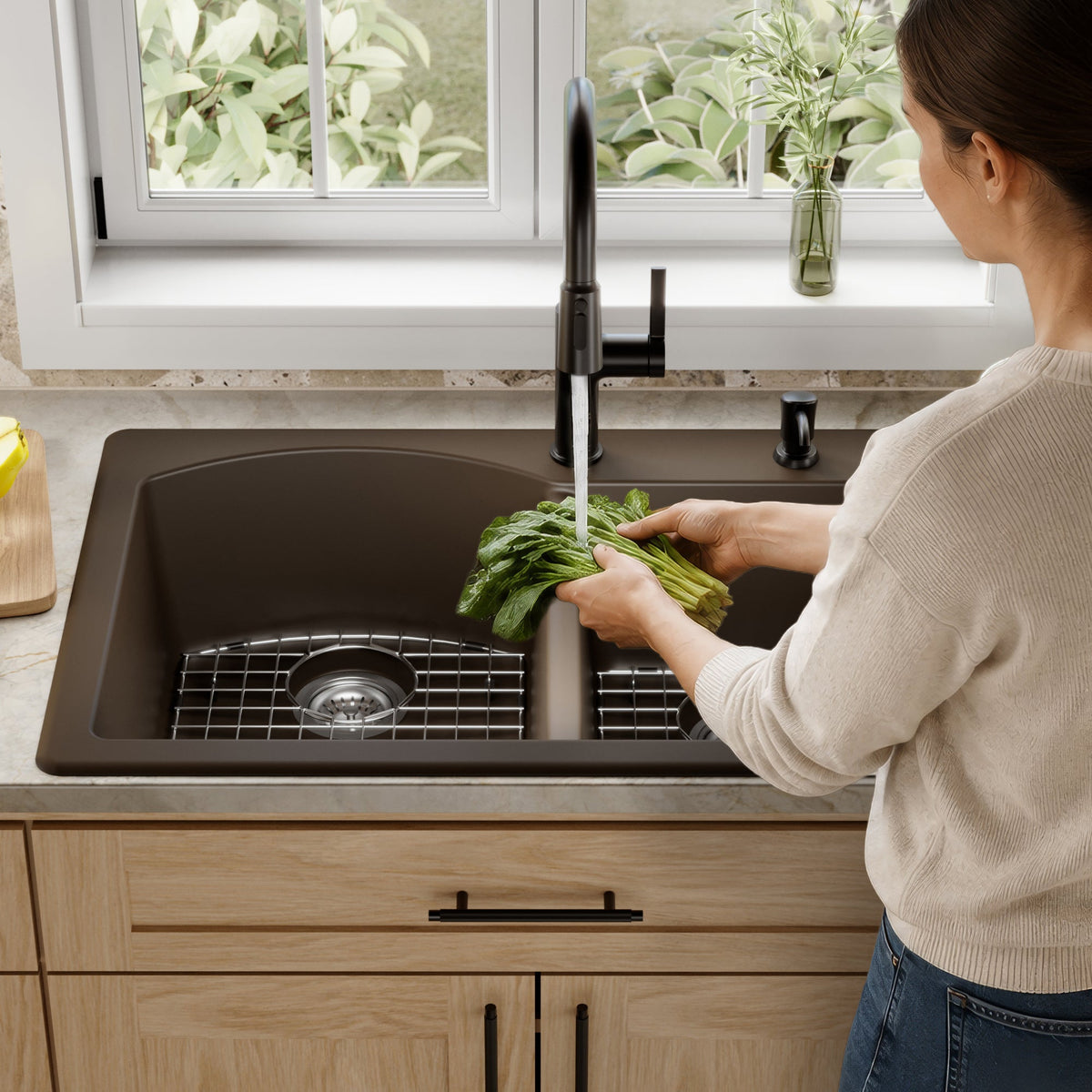 33" Top Mount Double Offset Bowl Quartz Composite Kitchen Sink Kit In Brown