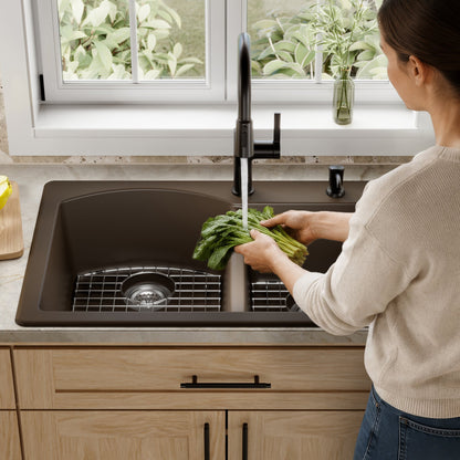 33" Top Mount Double Offset Bowl Quartz Composite Kitchen Sink Kit In Brown