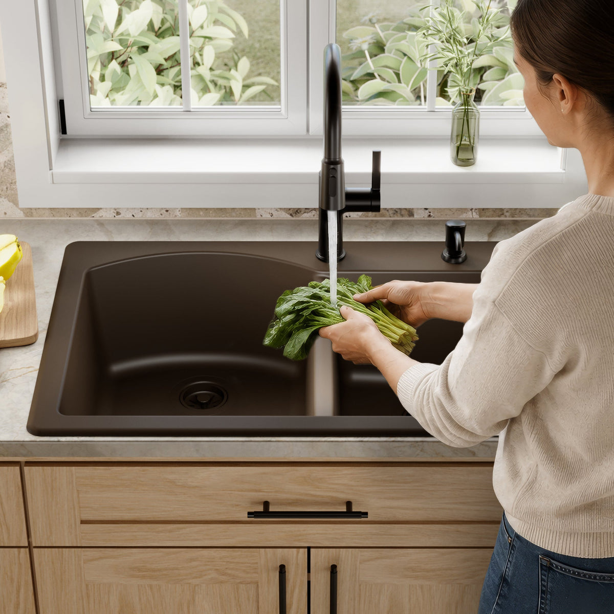 33" Top Mount Double Offset Bowl Quartz Composite Kitchen Sink In Brown