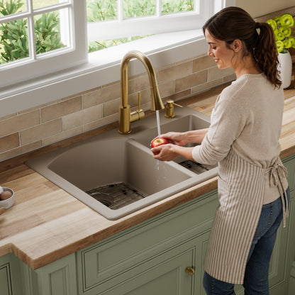 33" Top Mount Double Offset Bowl Quartz Composite Kitchen Sink Kit In Concrete