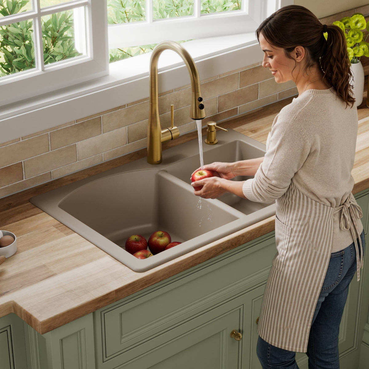 33" Top Mount Double Offset Bowl Quartz Composite Kitchen Sink In Concrete