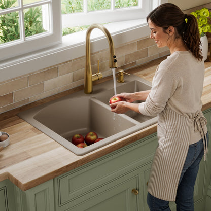 33" Top Mount Double Offset Bowl Quartz Composite Kitchen Sink In Concrete