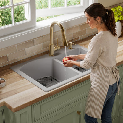 33" Top Mount Double Offset Bowl Quartz Composite Kitchen Sink Kit In Grey