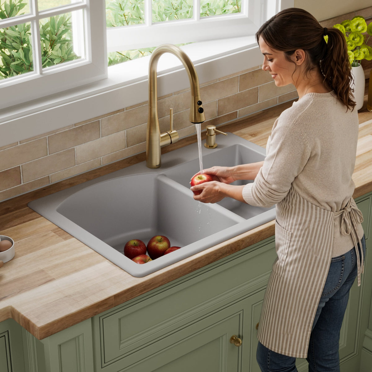 33" Top Mount Double Offset Bowl Quartz Composite Kitchen Sink In Grey