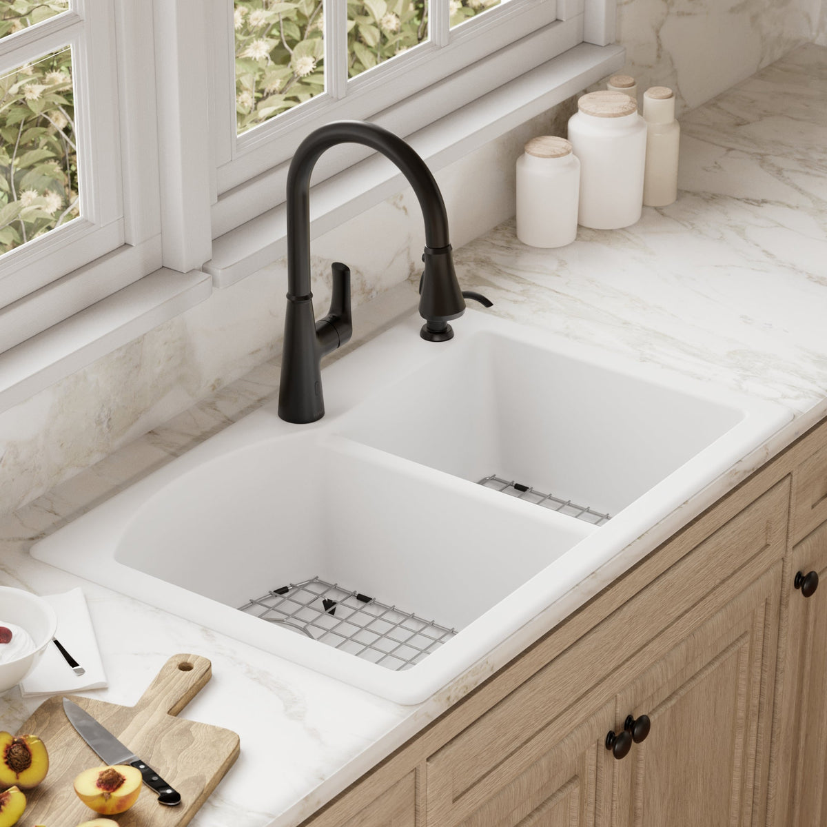 33" Top Mount Double Offset Bowl Quartz Composite Kitchen Sink Kit In White