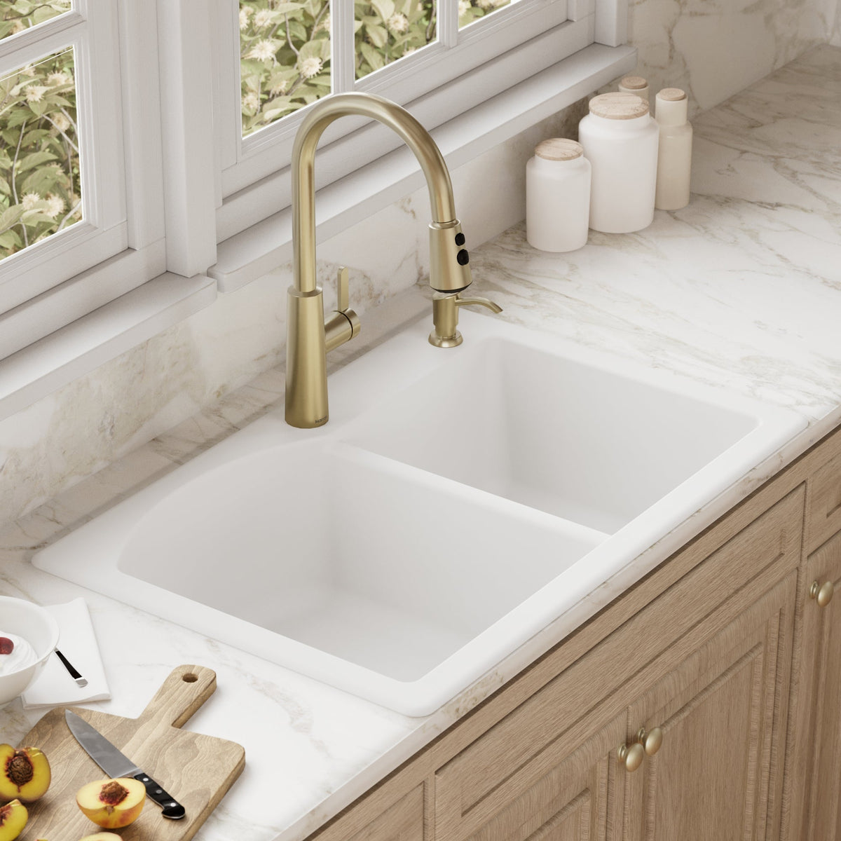 33" Top Mount Double Offset Bowl Quartz Composite Kitchen Sink In White