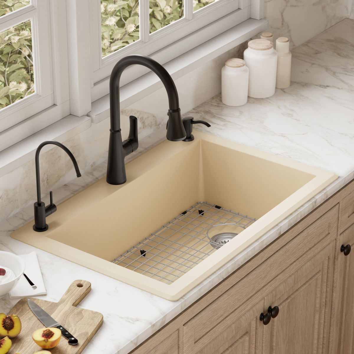 33" Top Mount Large Single Bowl Quartz Composite Kitchen Sink Kit In Bisque