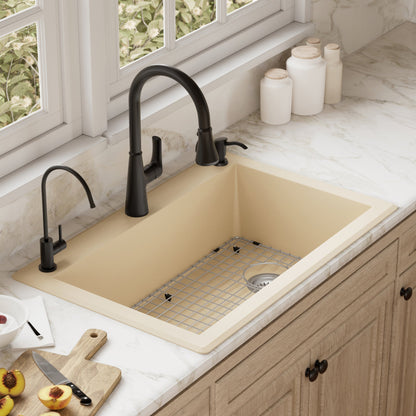 33" Top Mount Large Single Bowl Quartz Composite Kitchen Sink Kit In Bisque