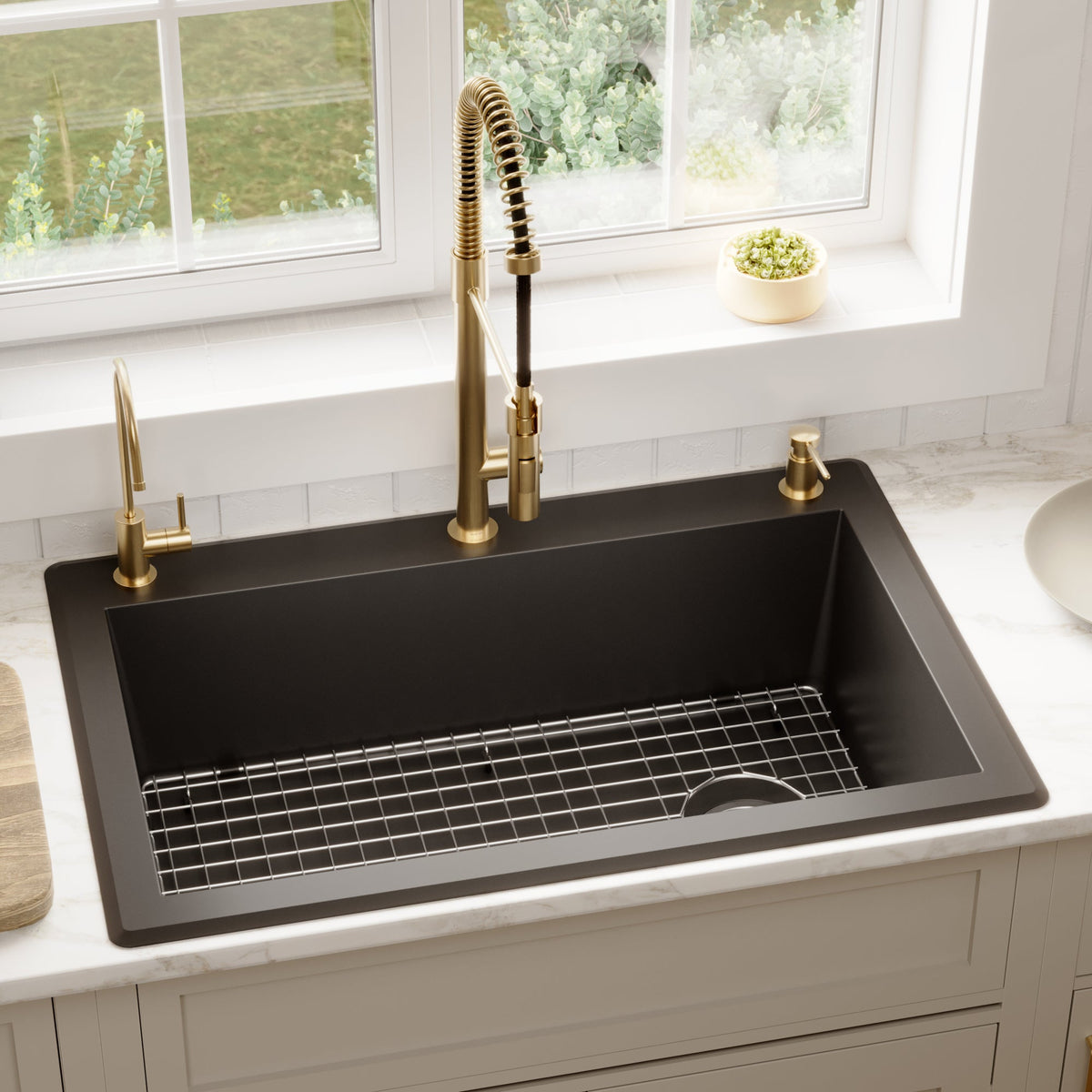 33" Top Mount Large Single Bowl Quartz Composite Kitchen Sink Kit In Black