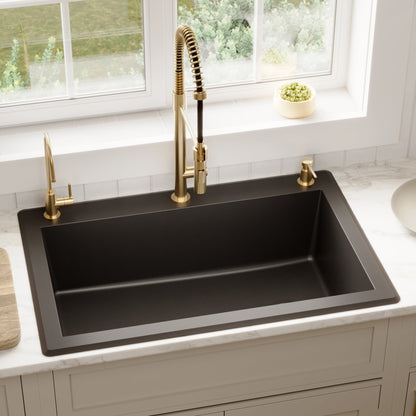 33" Top Mount Large Single Bowl Quartz Composite Kitchen Sink In Black