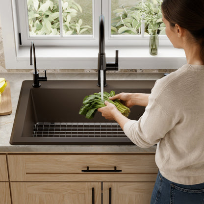 33" Top Mount Large Single Bowl Quartz Composite Kitchen Sink Kit In Brown