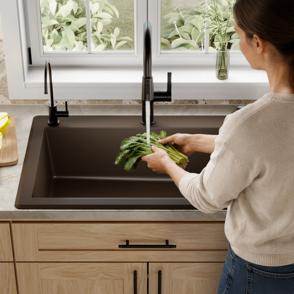 33" Top Mount Large Single Bowl Quartz Composite Kitchen Sink In Brown