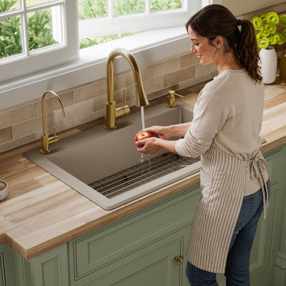 33" Top Mount Large Single Bowl Quartz Composite Kitchen Sink Kit In Concrete