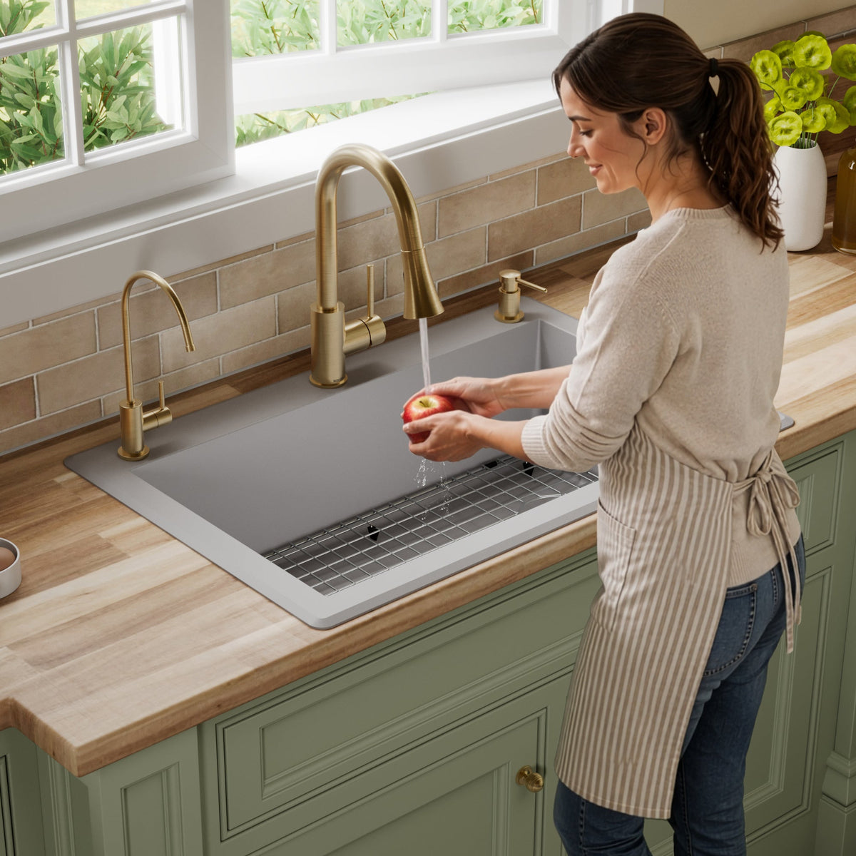 33" Top Mount Large Single Bowl Quartz Composite Kitchen Sink Kit In Grey