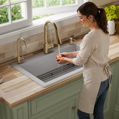 33" Top Mount Large Single Bowl Quartz Composite Kitchen Sink Kit In Grey