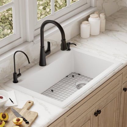 33" Top Mount Large Single Bowl Quartz Composite Kitchen Sink Kit In White