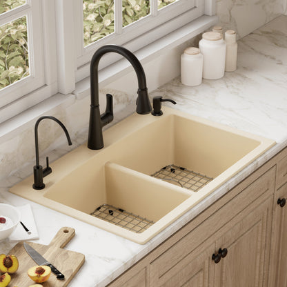 33" Top Mount Double Equal Bowl Quartz Composite Kitchen Sink Kit In Bisque