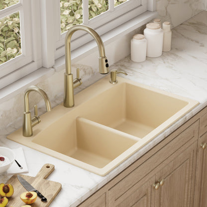 33" Top Mount Double Equal Bowl Quartz Composite Kitchen Sink In Bisque