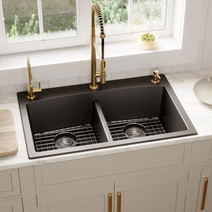 33" Top Mount Double Equal Bowl Quartz Composite Kitchen Sink Kit In Black