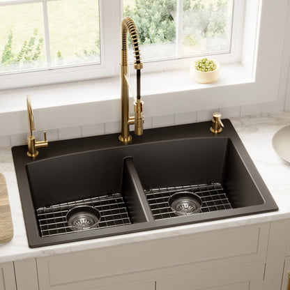 33" Top Mount Double Equal Bowl Quartz Composite Kitchen Sink In Black