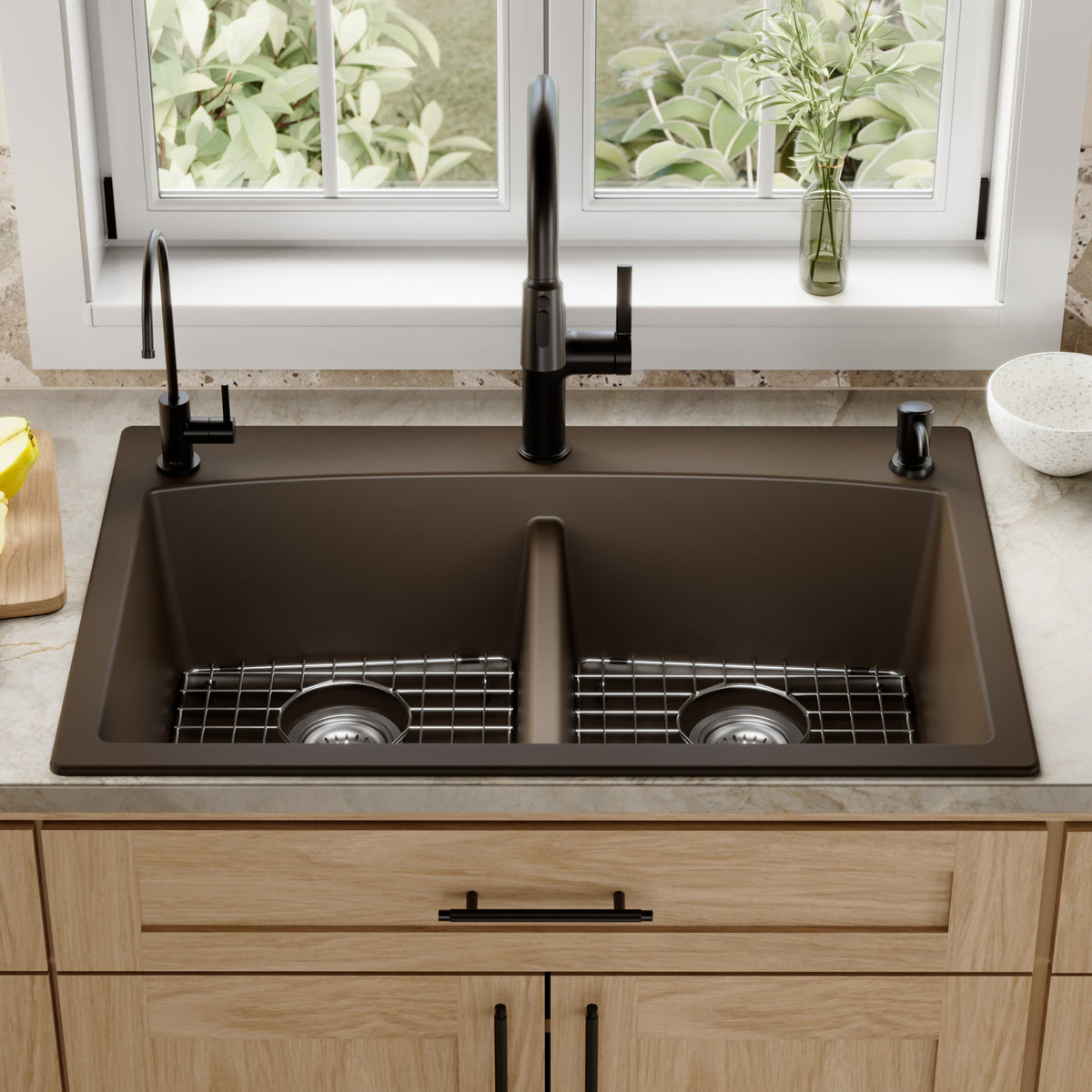 33" Top Mount Double Equal Bowl Quartz Composite Kitchen Sink Kit In Brown