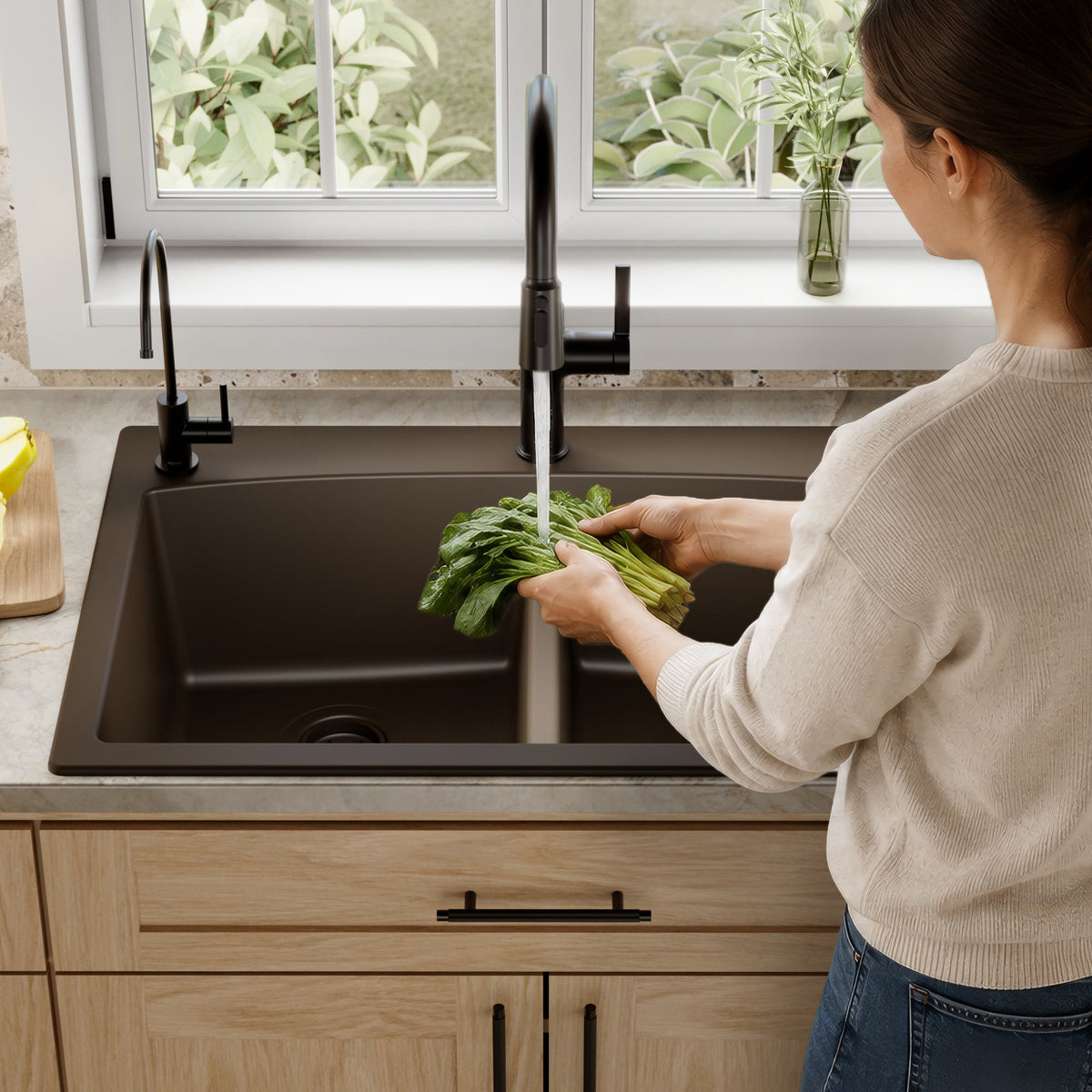 33" Top Mount Double Equal Bowl Quartz Composite Kitchen Sink In Brown