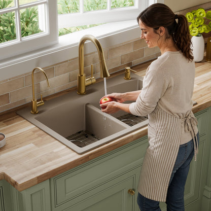 33" Top Mount Double Equal Bowl Quartz Composite Kitchen Sink Kit In Concrete