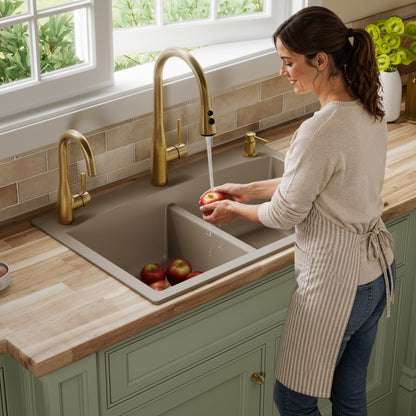 33" Top Mount Double Equal Bowl Quartz Composite Kitchen Sink In Concrete