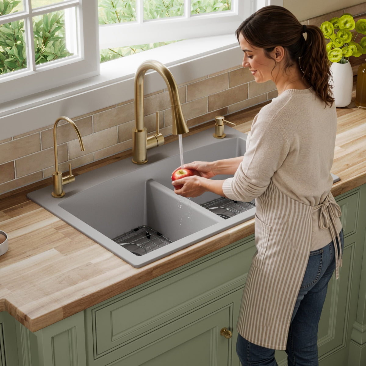 33" Top Mount Double Equal Bowl Quartz Composite Kitchen Sink Kit In Grey