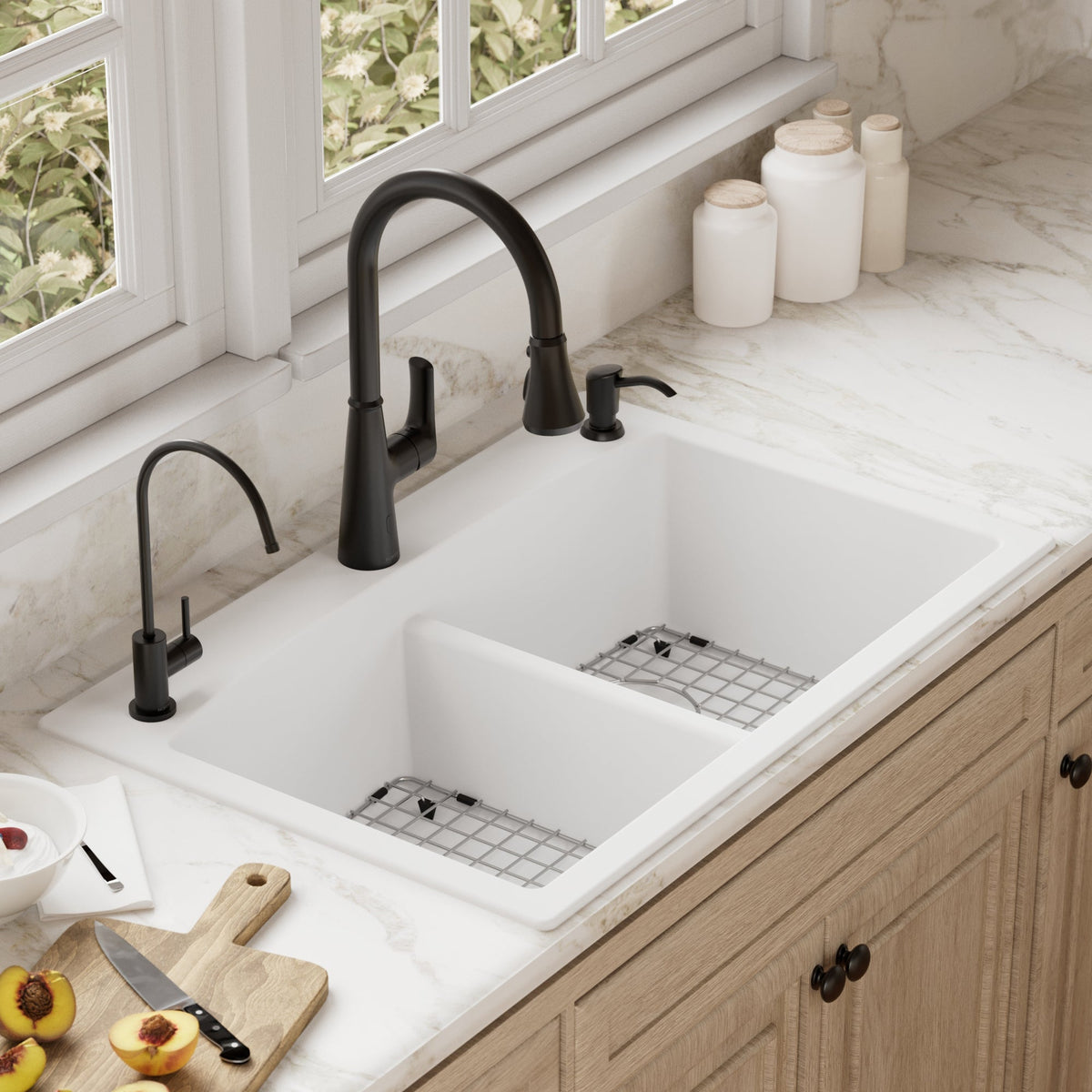 33" Top Mount Double Equal Bowl Quartz Composite Kitchen Sink Kit In White