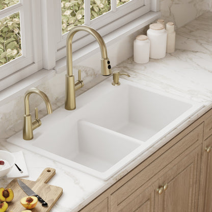 33" Top Mount Double Equal Bowl Quartz Composite Kitchen Sink In White