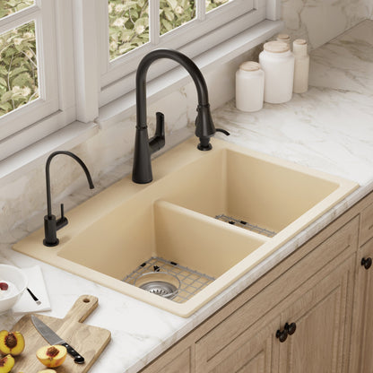 33" Top Mount Double Offset Bowl Quartz Composite Kitchen Sink Kit In Bisque