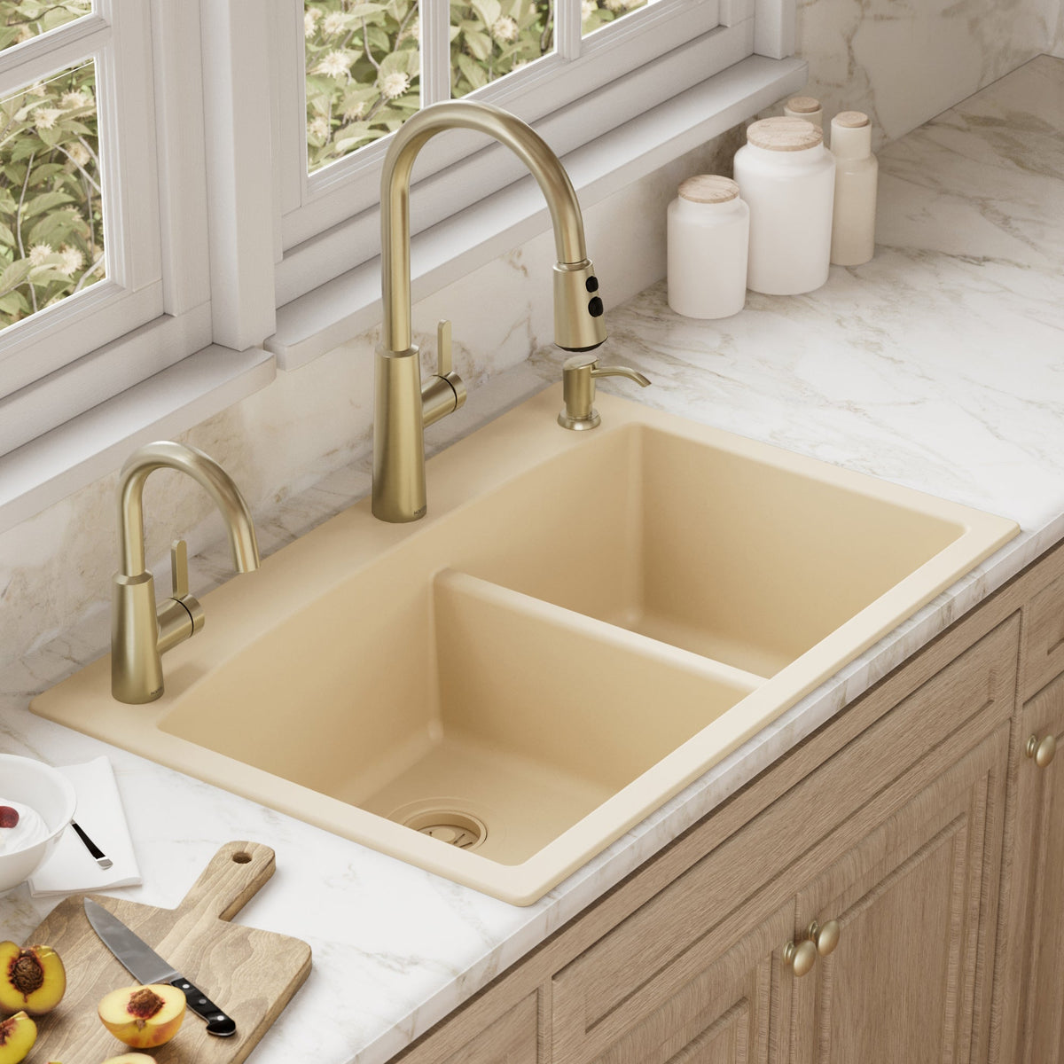 33" Top Mount Double Offset Bowl Quartz Composite Kitchen Sink In Bisque